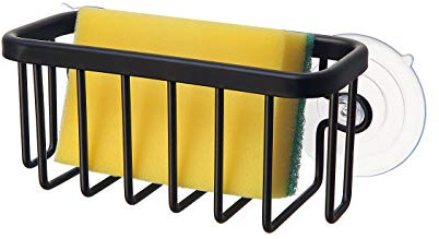 SunnyPoint NeverRust - Soporte con ventosa para fregadero de cocina para esponjas, estropajos, jabón, cocina, baño, 6 x 2.5 x 2.75 pulgadas, aluminio (negro)