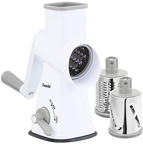 Rotary Cheese Grater, Mandoline Vegetable Slicer with 3 Detachable Drum Blades, Rotary Grater for Kitchen Dishwasher Safe, Effiently Cheese Grinder for Vegetables, Nuts, etc