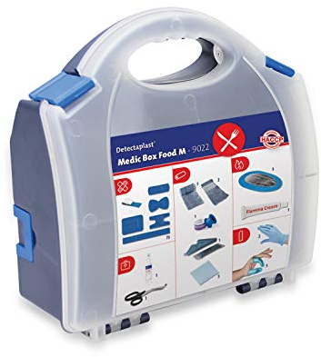Botiquín de primerios auxilios para catering Detectaplast, para el tratamiento de heridas, portátil en maletín con esparadrapo, vendaje, esparadrapo, 99 piezas