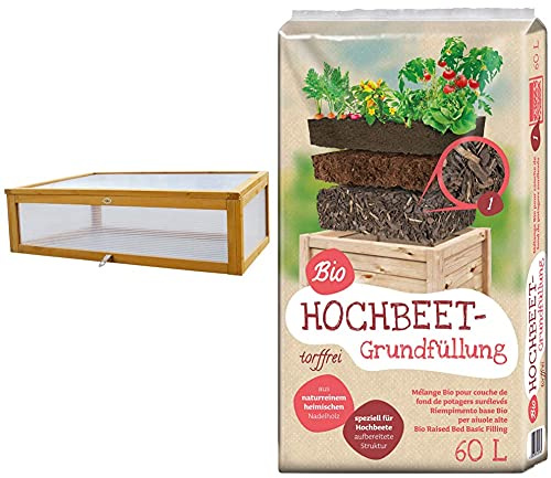 HABAU Frühbeet Aufsatz Hochbeet & Bio Hochbeet-Grundfüllung 60 Liter, 115 x 53 x 32 cm, Kunststoffdeckel mit Scharnier, Holzrahmen, Klar, Gewächshaus, Gartenausstattung