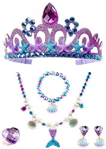 6 Pièces Princesse Dress Up Accessoires Set, Bijoux pour Enfants Petites Filles, Parure de Bijoux Enfant Sirène Kits, Boucles D'oreilles Couronne, Colliers, Bracelets, Bagues, pour Jeux Rôle (Violet)