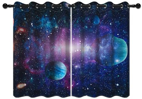 YONGFOTO 117x138cm Platz Gardinen für Jungenzimmer Großer Planet Heller Fleck Fantasie Galaxis Platz Verdunkelungsvorhänge für Themenspielzimmer Privattheaterraum, 2 Paneele mit Öse