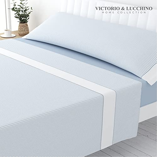 Victorio & Lucchino Juego de Sábanas Estampadas de Verano Algodón/Poliéster (Cama 135cm (1 Almohada), Giorga - Celeste)
