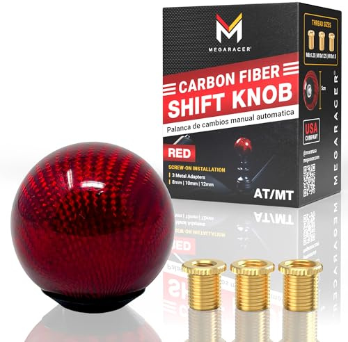 Premium Real Carbon Fiber Red Ball Shift Knob - 3 Metal Threaded Adapters, 4 5 6 Speed Manual & Buttonless Automatic Transmission, Gear Stick Shifter Knobs (M8x1.25, M10x1.25/1.5, Built-In M12x1.25)