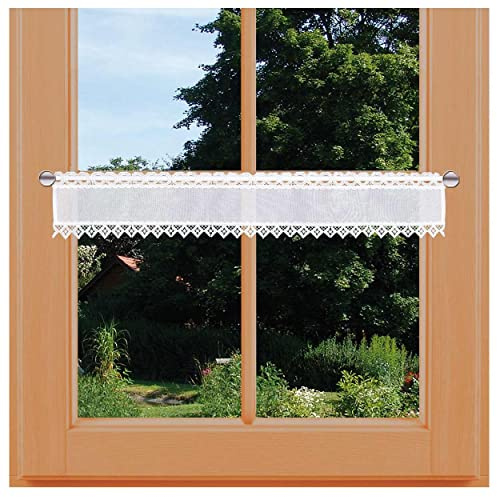 Feenhausgardine Lavina mit Vogtländischer Spitze Landhaus-Scheibengardine in weiß | kurzer Scheibenhänger mit moderner Stickerei-Kante | handgefertigte Kurzgardine | Spitzengardine HxB 13 x 67 cm