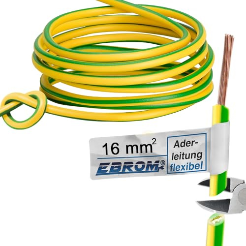 EBROM Aderleitung Erdungskabel H07V-K (K = flexibel feindrähtig 99,9% OFC Kupfer, Vollkupfer) 1 x 16 mm², 5 bis 100 Meter in der Auswahl, grün/gelb 16mm2 (16 mm2) - Ihre Länge: 25 Meter