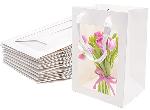 10 Stück weiße Geschenktüte mit Fensteröffnung, transparente Fenstertasche, Lehrertag, Blumen, Geschenkverpackung, Geschenktüte, Fensteröffnung, Geschenktasche, Handtragebeutel