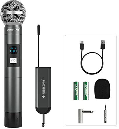 Phenyx Pro Système de Micro sans Fil numérique Simple,avec 1 Microphone Dynamique à Main,Mini récepteur,5 fréquences UHF,Microphone sans Fil en métal pour Chanteur,karaoké, Mariage(PDP-1)