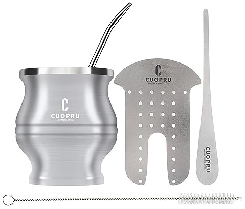 Cuopru Yerba Mate Cup Bombilla – Mate Gourd Set innehåller dubbelvägg rostfritt stål tekopp, teformare set, Bombilla sugrör, rengöringsborste