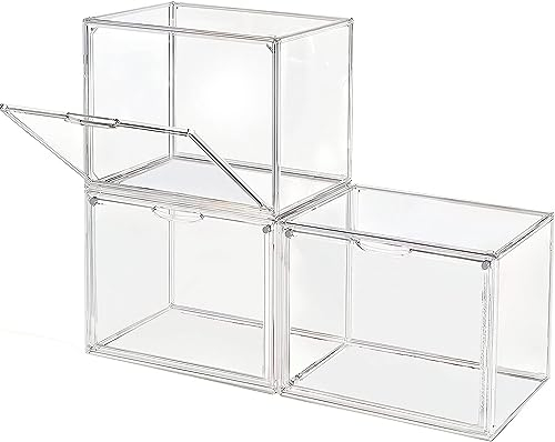 GUDEMAY Transparente stapelbare Kunststoffboxen mit magnetischem Verschluss - Staubdichte Aufbewahrung Vitrine Schaukasten Ideal für Figur, Bücher, Kosmetik, Schuhe und Handtaschen (3er Set)