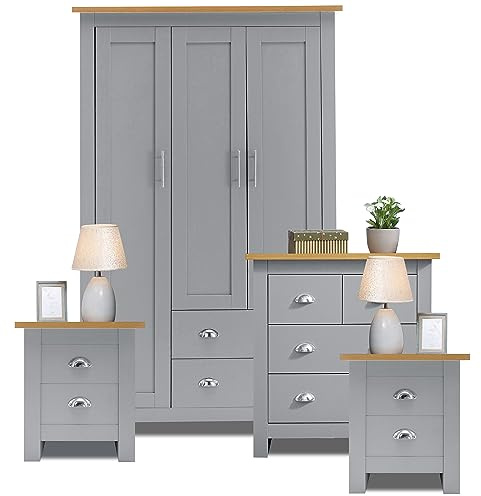 Bedroom Wardrobes sets With 3 Door Wardrobe & 2+2 Drawer Chest of Drawer + 2 Drawer 2 Bedside Table Cabinet Bedroom Set for 4 Piece Bedroom Storage furniture Set, Grey & Oak