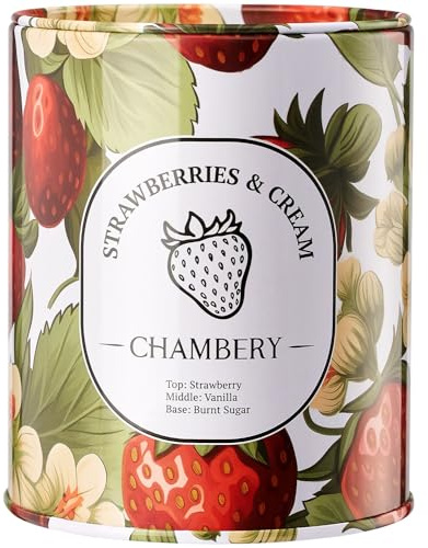 CHAMBERY Strawberries and Cream Candle 9.17oz | Artful Strawberry Motif in Premium Tin | Sumptuous Fruity Aroma | Ideal for Spring & Summer | Soy Wax with Lead-Free Cotton Wick | 55-Hour Burn