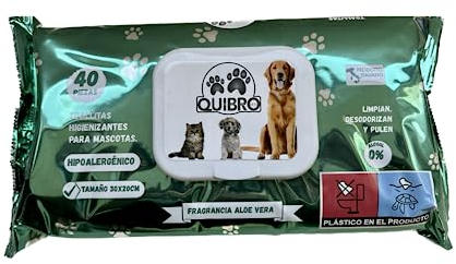 Quibropets Feuchttücher mit Aloe für die Pfotenhygiene von Hunden und Katzen, gründliche und effektive Reinigung in einem Schritt, Pfotenreiniger für Haustiere, 40 Stück