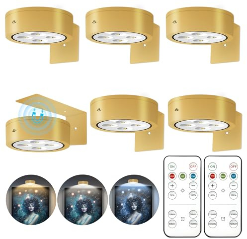 6Pcs Battery Operated Picture Light, Magnetic Led Painting Light with Remote Dimmable and Timer, 3 Lighting Modes Art Display Light for Picture Frame Paintings, Wireless Wall Decor Puck Lights, Gold
