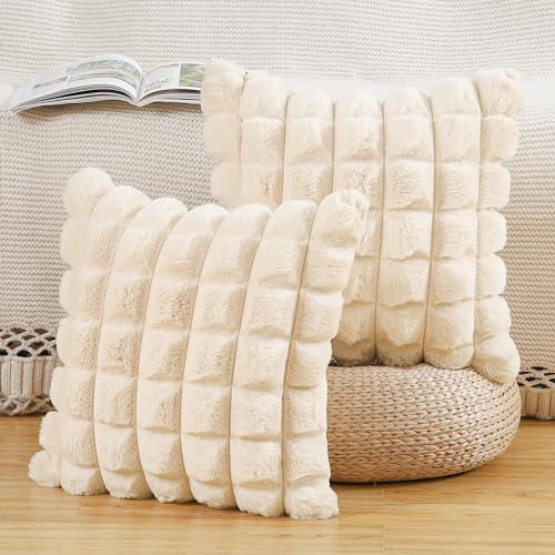 MADIZZ Set med 2 Plysch Mjuk Kort Ull Sammet Dekorativa Kuddfodral 50x50 cm Fluffig Randig Mjuk Dekorativ Kuddfodral för Soffa Sovrum Kuddskal Beige