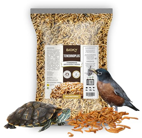 Bioky Gusanos de la Harina 5 KG - Tenebrios Deshidratados Premium 32L - Comida para Aves, Tortugas, Peces, Hamster, Pájaros, Roedores | +50% Proteína
