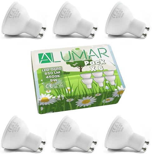 Confezione da 6 lampadine LED GU10 da 9 W, luce bianca neutra, 4500 K, 850 lumen (equivalente a 80 W), lampadine a risparmio energetico, angolo del fascio di 120°, CRI 80, senza sfarfallio, casa,