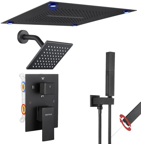 VANFOXLE Shower Faucet Set Matte Black Four Modes Shower System,Shower Faucet with 2 in 1 Handheld,Ceiling Mount 16 Inch LED Shower Head(Rain and Waterfall)+6 Inch Shower Head