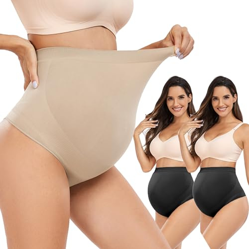 Hailycoco Ropa Moldeadora de Maternidad sin Costuras, Tanga de Maternidad de Cintura Alta para Embarazo con Soporte para el Vientre, Negro+Negro+Piel, M