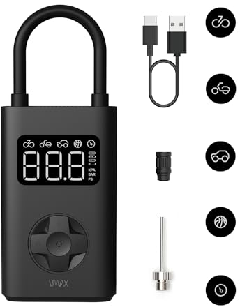 VMAX Elektrische Luftpumpe - Tragbarer Mini Luft Kompressor für E-Scooter, Fahrrad, Auto - 150 PSI - Wiederaufladbarer 2x2500 mAh Akku - Autostop-Funktion