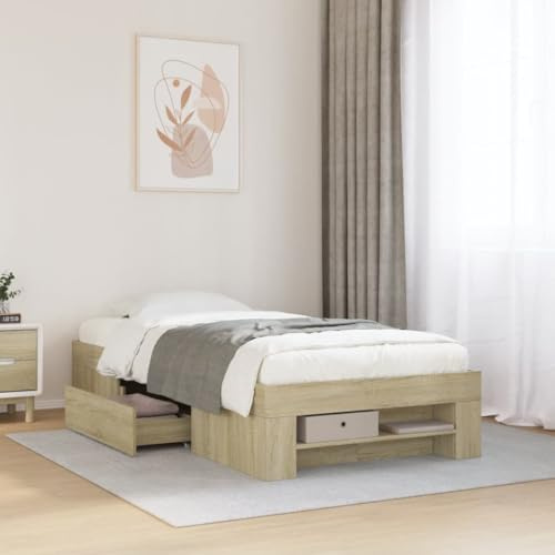 vidaXL Single Bed Frame - Sonoma Oak - Engineered Wood - Drawers & Storage - Plywood Slats - 93x193 cm - Modern Bedroom