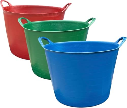 Pack Of 3 x 42L Large Robust Flexi Tub set-Mixed Assorted Colours - Multi Purpose Flexible Rubber Storage Laundry Equestrian Garden Trug Container Buckets