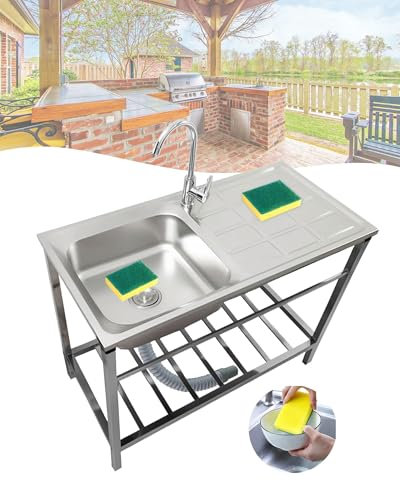 Acciaio Inox Lavello da Cucina Indipendente con Gambe & Rubinetto Lavabo Da Esterno Giardino Lavandino Commerciale Professionale per Ristorante/Garage/Lavanderia Facile Da Montare(83x50xH75cm)