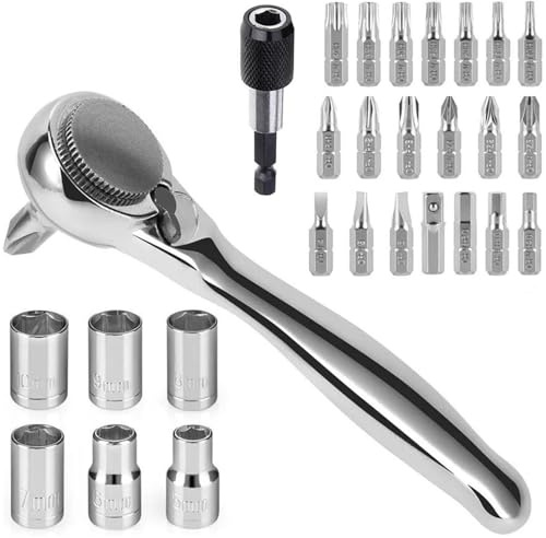 Bestgle 28Pcs Mini Ratchet Wrench Screwdriver Bits Set, 72 Tooth Small Reversible Offset Ratchet Wrench with Magnetic Bit Holder, Metric Sockets & Screwdriver Bits Assortment