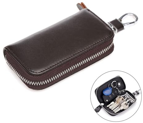 QIUPFGUT Schlüsseletui Leder Damen und Herren, Schlüsseletui aus Leder, Geldbörse, Klein Schlüsselmäppchen, universelle Auto Schlüsselanhänger (Dunkelbraun)