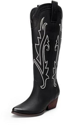 DREAM PAIRS Stivali da Cowboy Alti Fino al Ginocchio con Cerniera Laterale da Donna, Comodi Tacco Grosso Retrò Stivali da Cowgirl Western Ricamati
