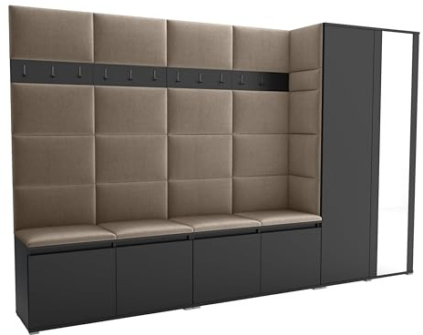Brent - Garderobenschrank Flur Schwarz mit sitzbank 290 cm Breit Luton 5 - Multifunktionale Flurgarderobe Set mit Stauraum und Wandpaneel, Garderobe mit Sitzfläche und Kleiderhaken