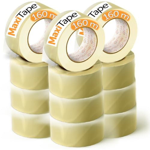 OFITURIA Transparentes Packband zum Verpacken von Kartons für Versand und Umzug. Siegel für sichere und widerstandsfähige Verpackungen (36 mm x 160 mts - Transparente, 12 Rollos)