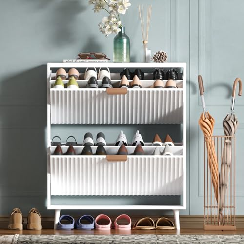 QIVOMIX Shoe Cabinet Storage,Modern Freestanding Organizer with 2 Flip Drawers,Narrow Shoe Rack Cabinet for Entryway,White