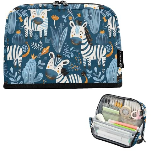 CHIFIGNO Big Capacity Standing Pencil Case Organizer Cute Cartoon Zebras Cactus Blue Pencil Pouch Zipper Makeup Cosmetics Bag Back to School Supplies for College Adults Boys Girls