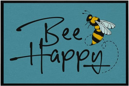 OM3® lustige Fußmatte mit Spruch - Be Happy - Biene Inker Blume - für Innen - rutschfest & waschbar - 60x40cm -