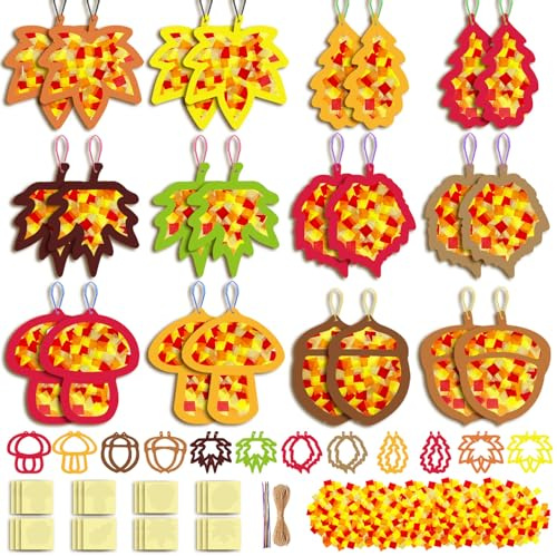 HILKKET 24 Stück Fensterbilder Herbst, Herbst Bastelset Kinder, DIY Herbstdeko mit 24 Fensterbilder, 24 PET-Aufkleber, 500 Konfetti, 24 Bunte Schnüre und 1 Schnur, Basteln Blätter & Acorn Decor