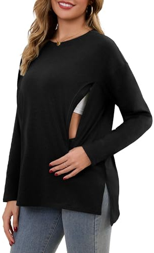 Women's Nursing Shirts Long Sleeve with Hidden Zipper Oversized Breastfeeding Tops Side Split Maternity Blouse Black