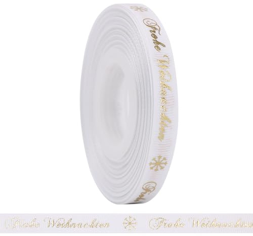 LOOGI 22m Schleifenband 10mm Satinband, Geschenkband Weihnachten Dekoband Weihnachtsband Stoffband mit Frohe Weihnachten (Weiß 22m 10mm)