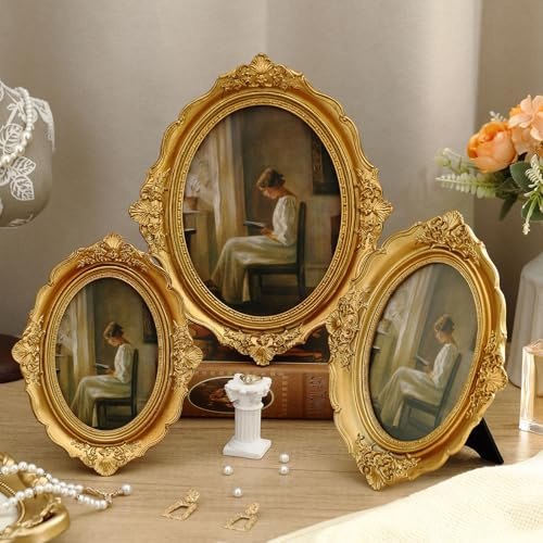 Wonderjune 3 Pcs Vintage Picture Frames Antique Set Baroque Ornate Gold Arched Photo Frames with Glass, Tabletop or Wall for Home Decor Photography Props Gifts(4x6, 5x7, 6x8 Inches,Minimalistic)
