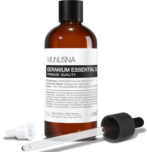 MUNUSNA Ätherische Öle Geranie für Diffuser Rein Naturrein 100ML | Ätherisches Öl Geraniumöl für Hautpflege, Raumdüfte, Duftöl für DIY Seife, Kerzen, Massage