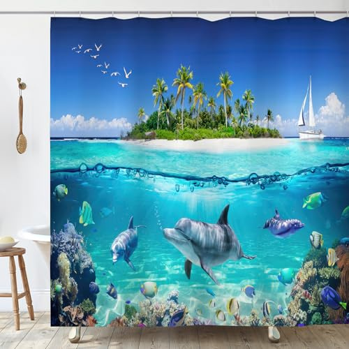 OCEUMACO Delfini Tenda Doccia Antimuffa 180x180 cm Tessuto in Poliestere Tenda per Doccia Oceano Turchese Stoffa Impermeabile Tende Vasca da Bagno con Anelli Lavabile Lavatrice