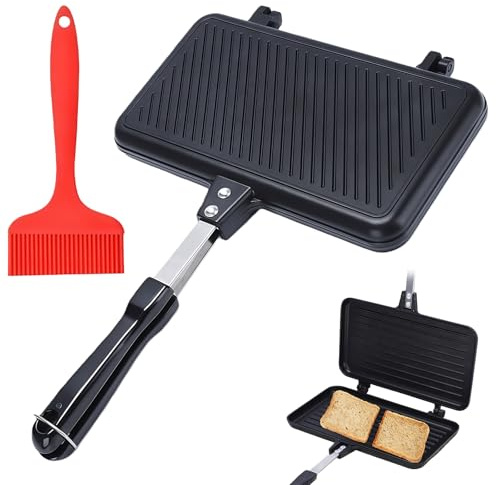 GOEDCH Moule à sandwich double face : 37 x 25 x 4,4 cm, poêle à sandwich double face avec brosse à huile, poêle en aluminium anti-adhésif avec poignée, plaque de cuisson sandwich pour usage domestique