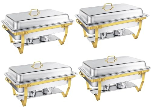 GRACE KITCHEN Cookware Chafing Dishes for Buffet, Stainless Steel Chafer Set – Gold & Silver Buffet Warmers with Food Pans, Lids & Stands for Catering, Parties & Events (4, Silver-Gold)