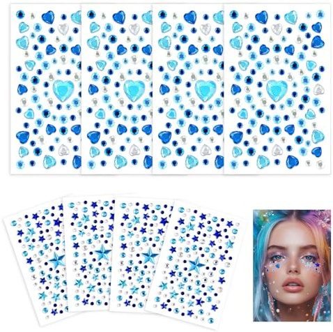 VVQWCY 8 Blätter Glitzersteine Zum Basteln, Blaue Sterne und Herzen Glitzer Sticker, Glitzersteine Strasssteine Selbstklebend Gesicht für Basteln Kinderhandwerke Dekoration