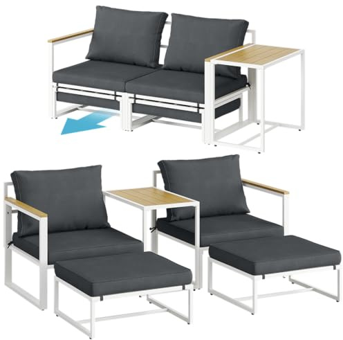 STEELSØN Asteri Gartenmöbel Set 5-TLG, Weiß/Anthrazit, 2-4 Personen, Lounge | Sitzgruppe mit 2 Sesseln, 2 Hockern, 1 Tisch, Balkonlounge Metallgestell, Sitzpolster, Terrassenlounge, wetterfest, Outdoor