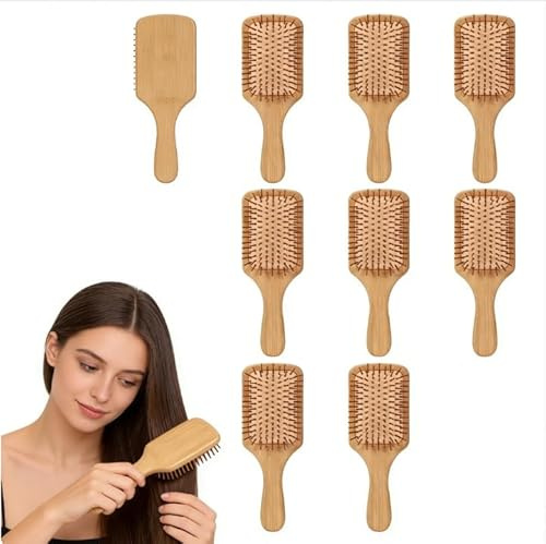 Packung mit 10 Stück Bambus Haarbürste mit Luftkissen für Kopfmassage Paddelbürste 25x8,5cm Entwirrbürste ohne Ziehen mit abgerundeten Noppen für Damen Herren