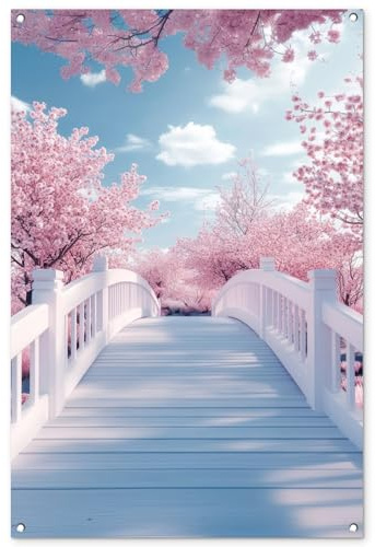 MuchoWow© Gartenposter Outdoor Bilder Gartendeko für draußen Wetterfest | 80x120 cm - Garten Terrassen Sichtschutz Deko Banner Draußen Bild Brücke - Kirschbäume - Weiß