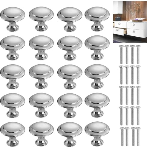 Hounyou 20 Set Silver Door Cupboard Knobs, 30mm Mushroom Shape Cabinet Knobs for Cupboards Wardrobe Handles