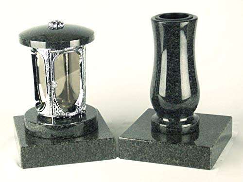 designgrab Grablampe aus verchromtem Aluminium und Grabvase und 2 Stück Sockel eckig in Granit Nero Impala