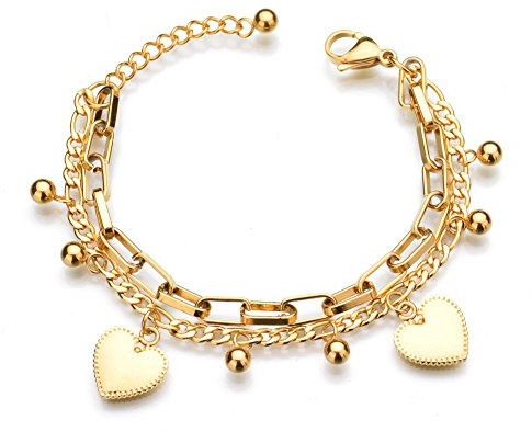 LUREME 18K Gold Stainless Steel Multi Chains Bracelet with Ball and Heart Charms for Women (bl003259)